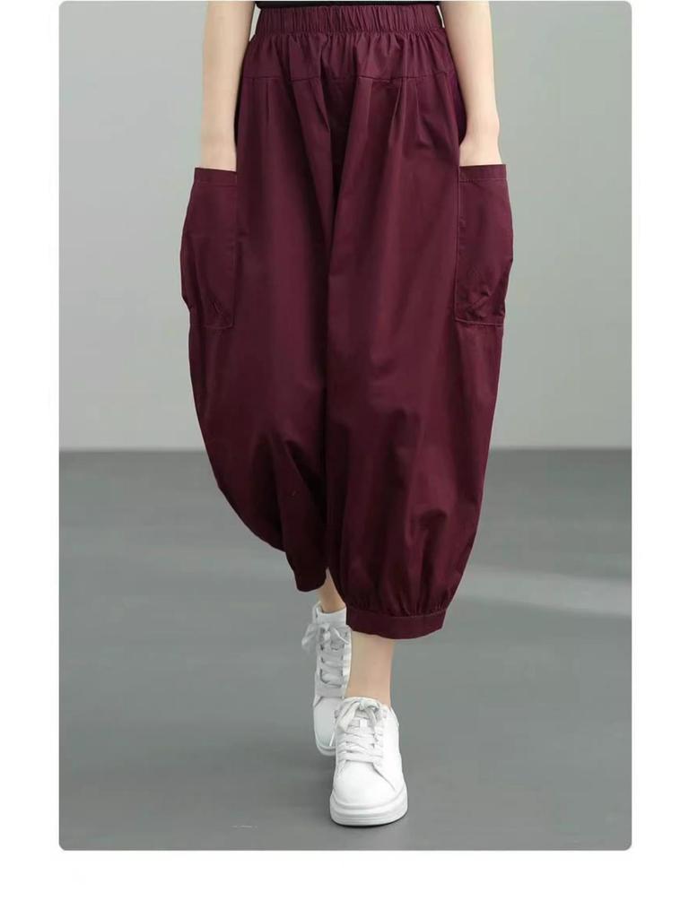 Женские облегающие брюки гаремы из чистого хлопка - Летние бриджи 2024 года с высокой талией, свободными манжетами и большими размерами