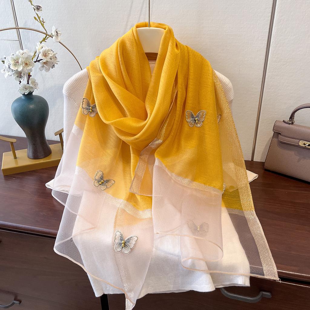 New Butterfly Embroidered Beads Fashionable Scarf for Women's Sun Protection and Windproof Temperament Shawl Thin Imitation Silk Scarf