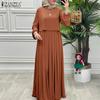 Women Casual Round Neck Loose Long Sleeve Retro Dress