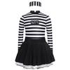 Girl Prisoner Costume 2Pcs Striped Puffy Dress Round Neck Cut Back Long Sleeve Ruffled Tutu Skirt Convict Cap