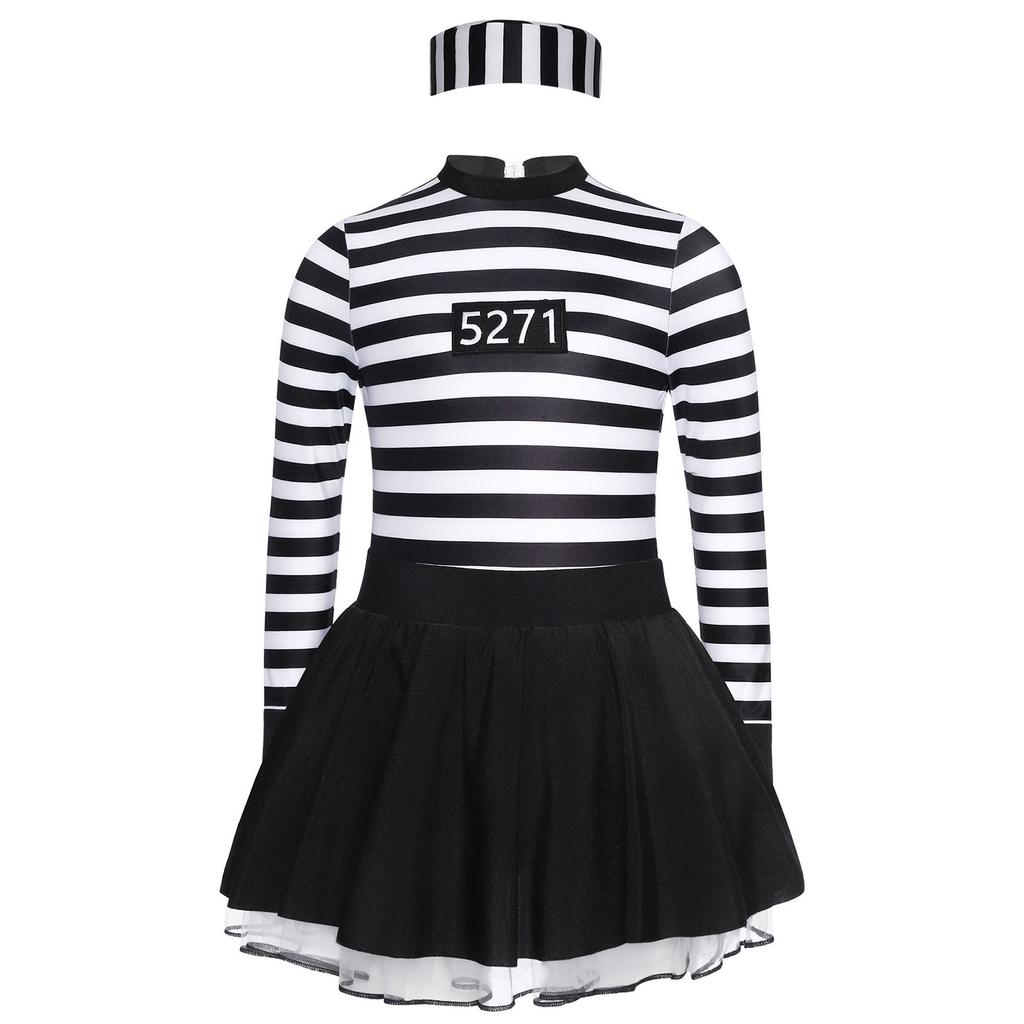 Girl Prisoner Costume 2Pcs Striped Puffy Dress Round Neck Cut Back Long Sleeve Ruffled Tutu Skirt Convict Cap
