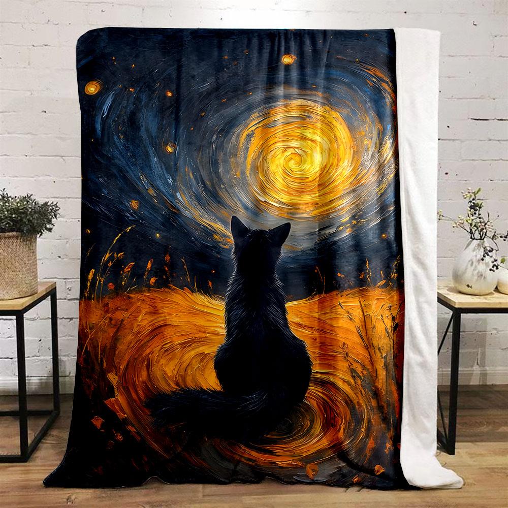 1PC Black cat gazes at vortex Print Adult Children Warm Blankets Home Travel Car Soft and Comfortable Suitable for all seasons