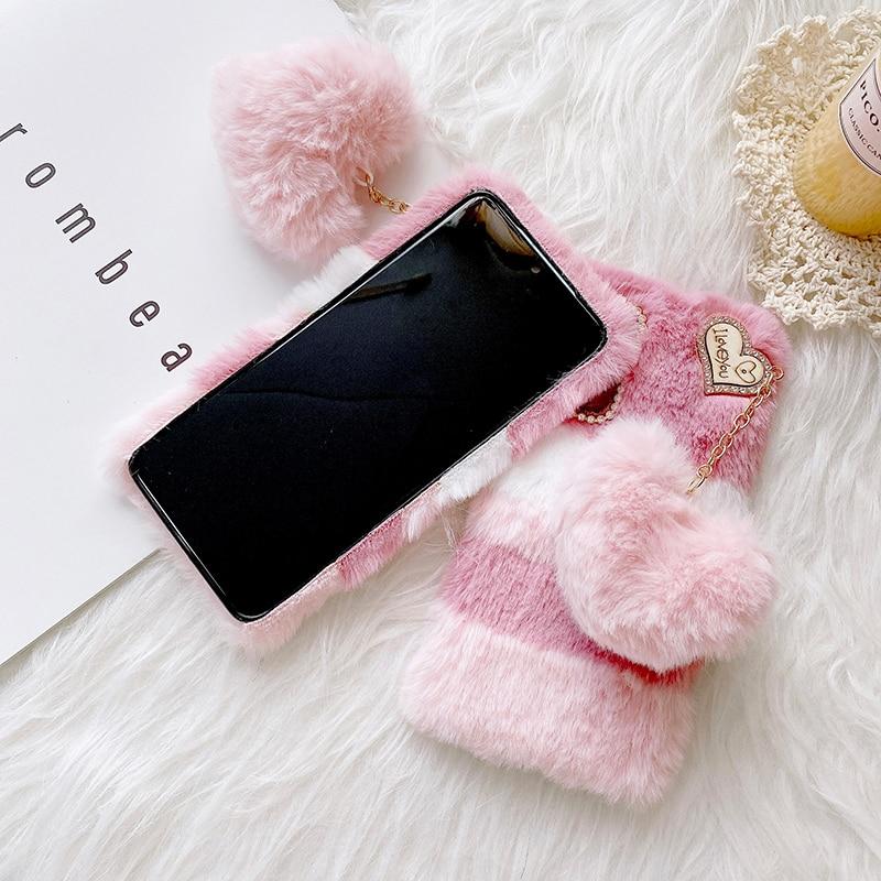 Чехол с подвеской в ​​форме сердца и кролика для Samsung Galaxy S21 S20 S10 S9 S8 Plus S7 A13 A33 A53 A12 A22 A32 A52 A21s A31 A51 A71, плюшевый чехол для телефона с волосами