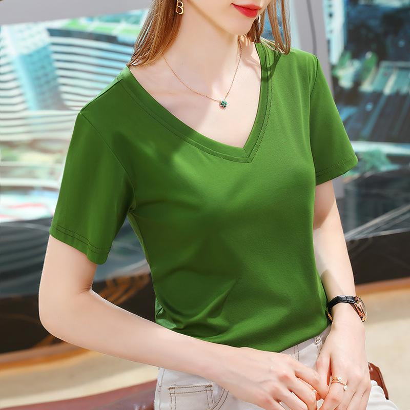 80 Двусторонняя футболка из мерсеризованного хлопка с короткими рукавами для женщин, новая женская футболка из чистого хлопка с V-образным вырезом, закрывающая живот