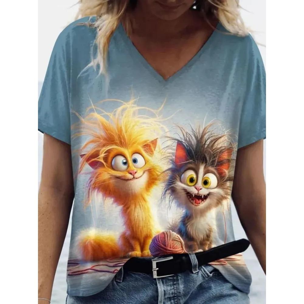 Футболка с V-образным вырезом и короткими рукавами, модная женская футболка, принт с кошкой, летняя одежда оверсайз, женская футболка