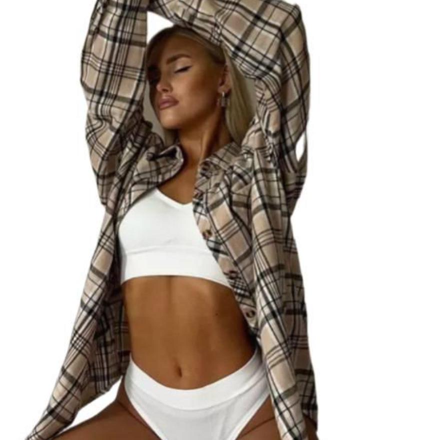 Осенний Ретро Кардиган в Клетку Свободный Повседневный Модный Рубашка с Длинным Рукавом женская одежда