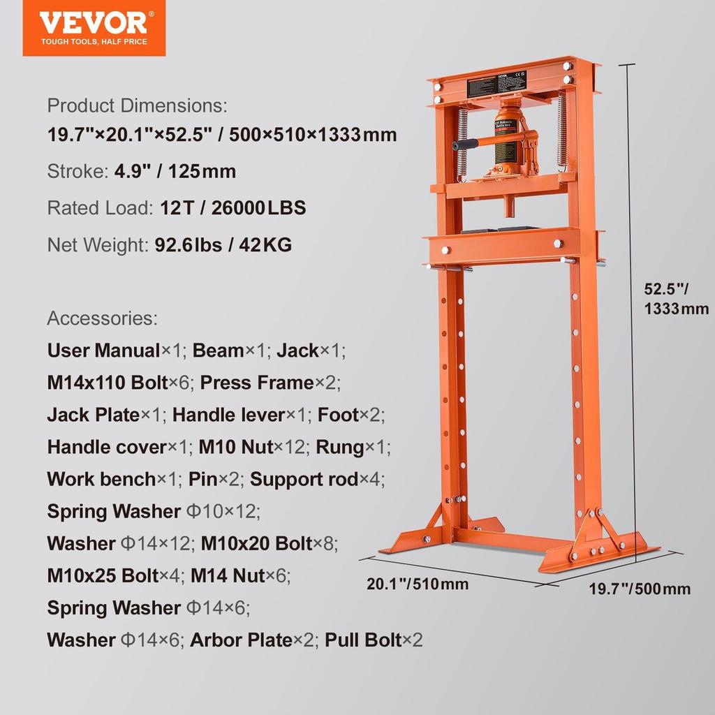 Hydraulic, 12 Ton H-Frame Floor, Stamping Plates, Adjustable Working Table Height for Bending or Straightening Metal, Garages, or Homes Shop Press,