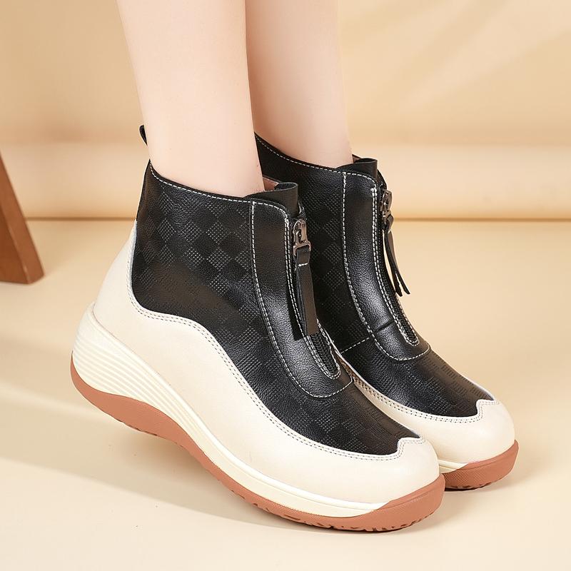 Женские спортивные туфли на платформе, повседневные черные кожаные ботильоны, обувь на танкетке, кроссовки с высоким верхом, увеличивающие рост