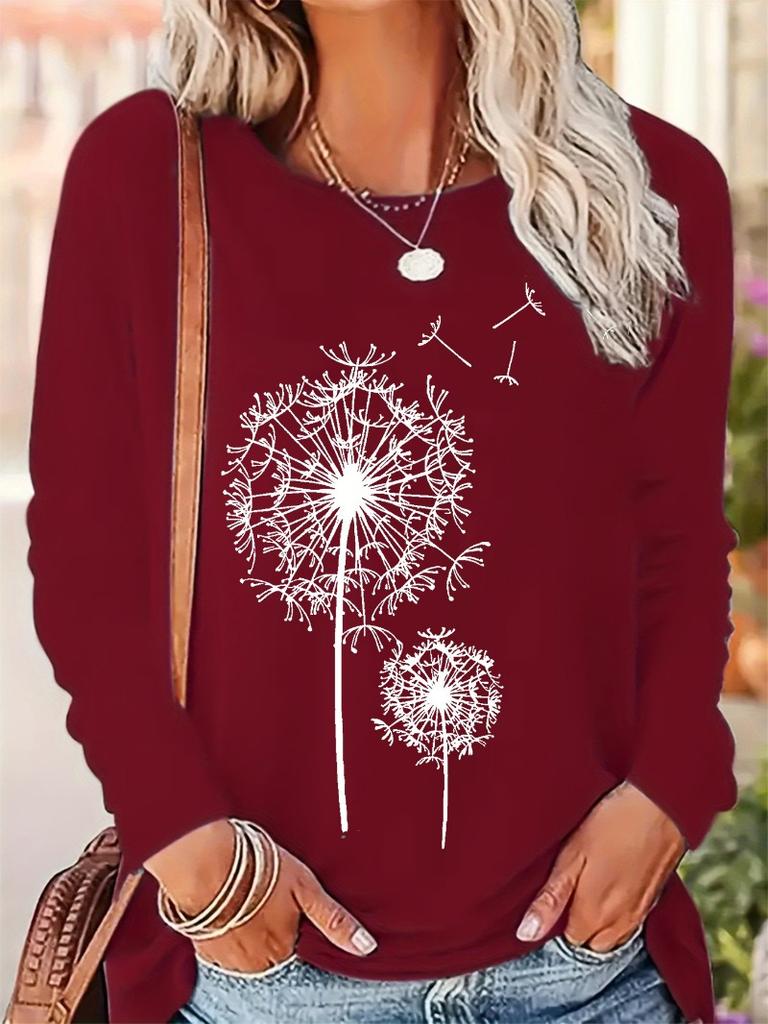 fashionable casual loose dandelion pattern printed round neck long sleeved T-shirt