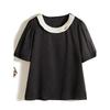 Satin Poplin Silk Contrast Color Col Claudine Top! Work Clothing Elegant Women's Simple Pullover Short Sleeve Black T-shirt Summer