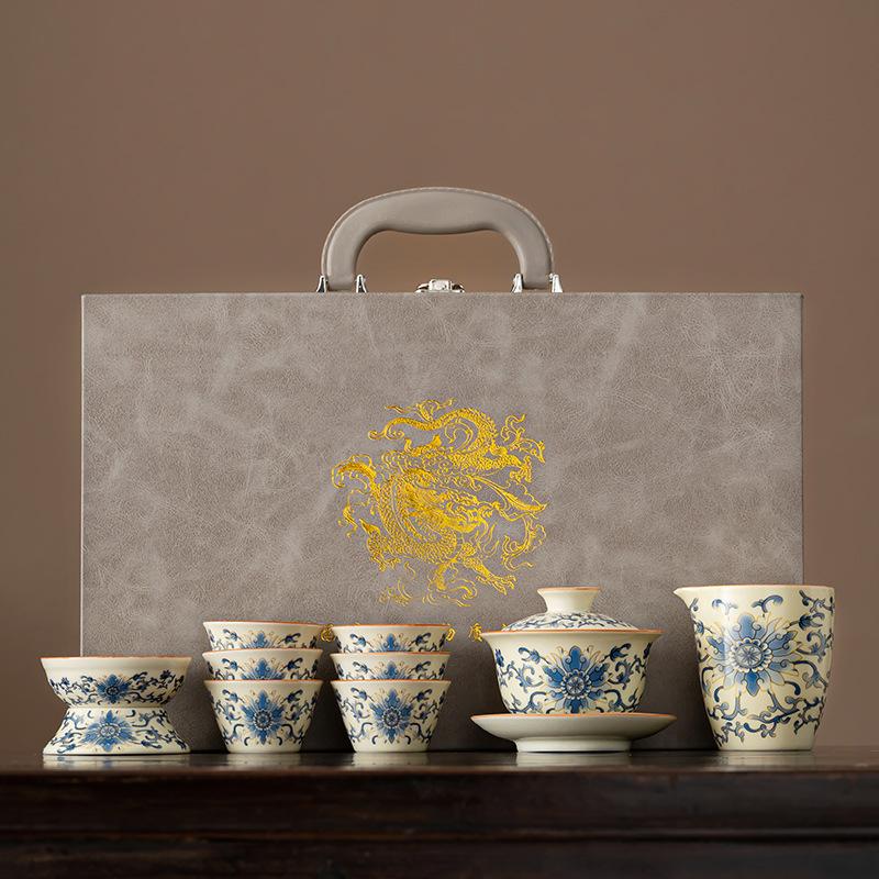 New Chinese high-end national style twisted lotus Ru kiln kung fu tea set, household ceramic teapot gift box