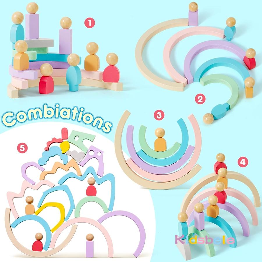44PCS Montessori Wooden Colorful Stacking Balance Sensory Game Stones Rainbow DIY Building Blocks Birthday Christmas Party Gift