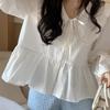 Harajuku Кукольный воротник Белая Милая Рубашка Женская Свободная Милая Шнуровка Французские Топы Женские Осенние Модные Длинные Рукава Однотонные Рубашки Для Женщин