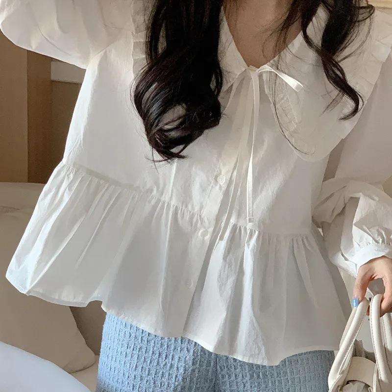 Harajuku Кукольный воротник Белая Милая Рубашка Женская Свободная Милая Шнуровка Французские Топы Женские Осенние Модные Длинные Рукава Однотонные Рубашки Для Женщин