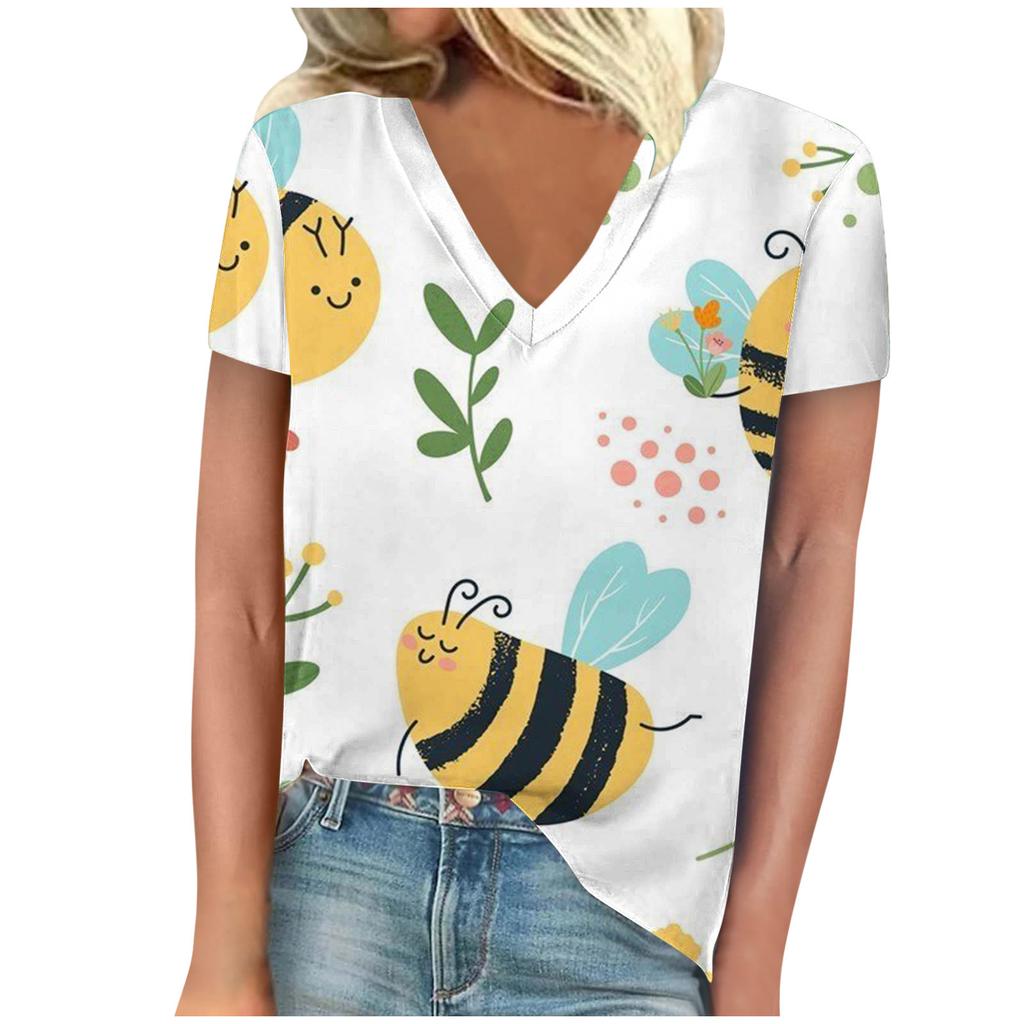 Винтажная женская футболка с принтом пчелы, с коротким рукавом, с V-образным вырезом, удобные футболки