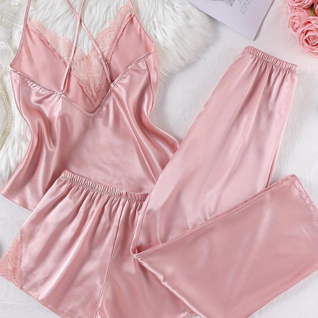 Women's Lace Satin Pajama Set - Camisole, Shorts & Wrap