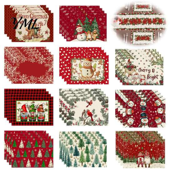 Holiday Party Supplies 4Pcs Christmas Linen Placemat Set, Cartoon Snowman Gingerbread Gnome Table Pattern Placemats Mat, Heat Resistant Place Mat for