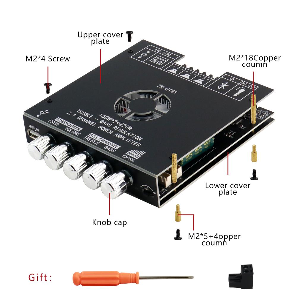 ZK-HT21 3G Модуль усилителя Bluetooth 5.0 2.1 канала TDA7498E 160 Вт x 2 + 220 Вт сабвуфер Поддержка AUX USB Управление через приложение