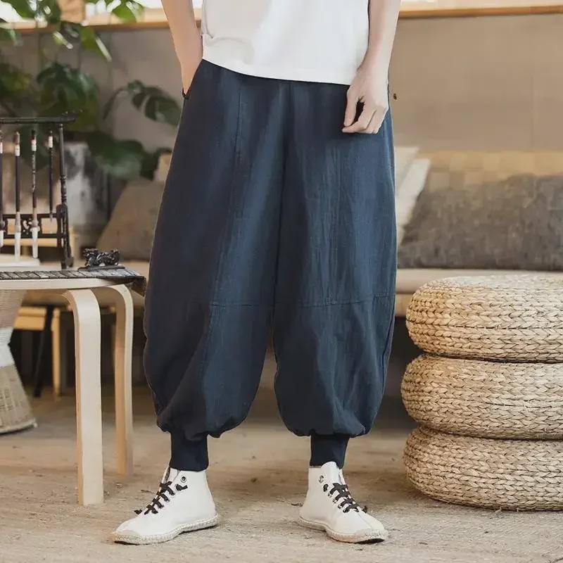 Мужские широкие летние брюки из хлопка и льна в китайском стиле с вышивкой больших размеров