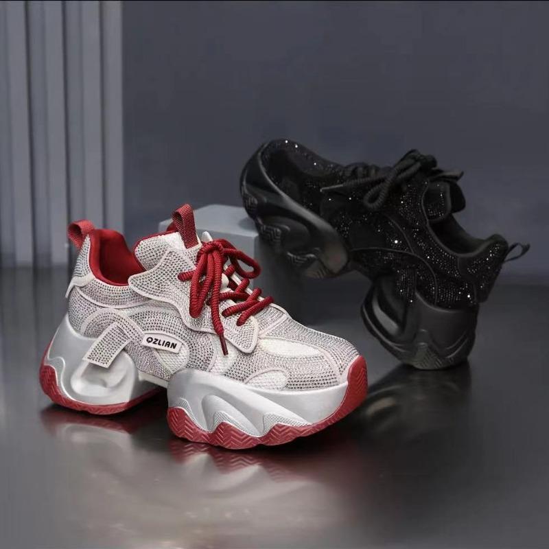 Толстая подошва громоздкие кроссовки женские модные блестящие кристаллы на плоской подошве сетчатые дышащие туфли для подъема новые кроссовки для фитнеса