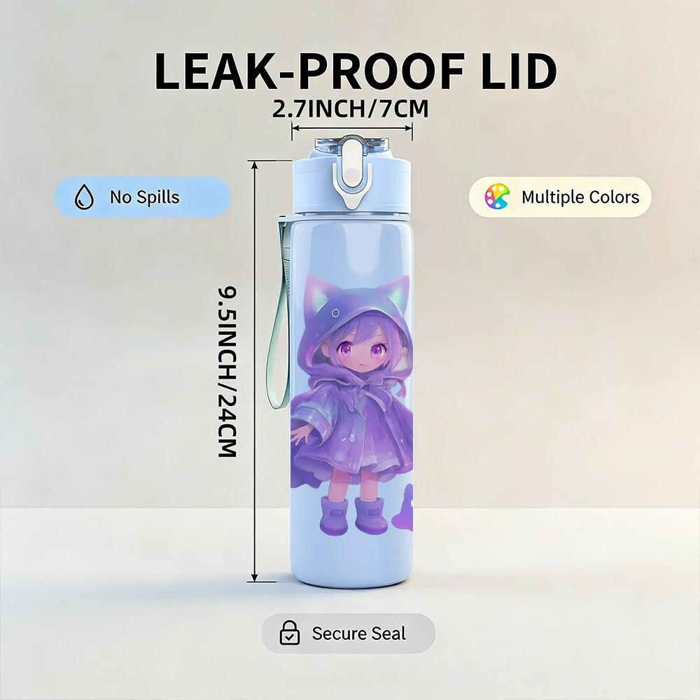 1PC Purple Witch Girl Cartoon 750ml Color Plastic Sports Water Bottle Leakproof Flip Straw Lid Suitable for Sports Office Home Use