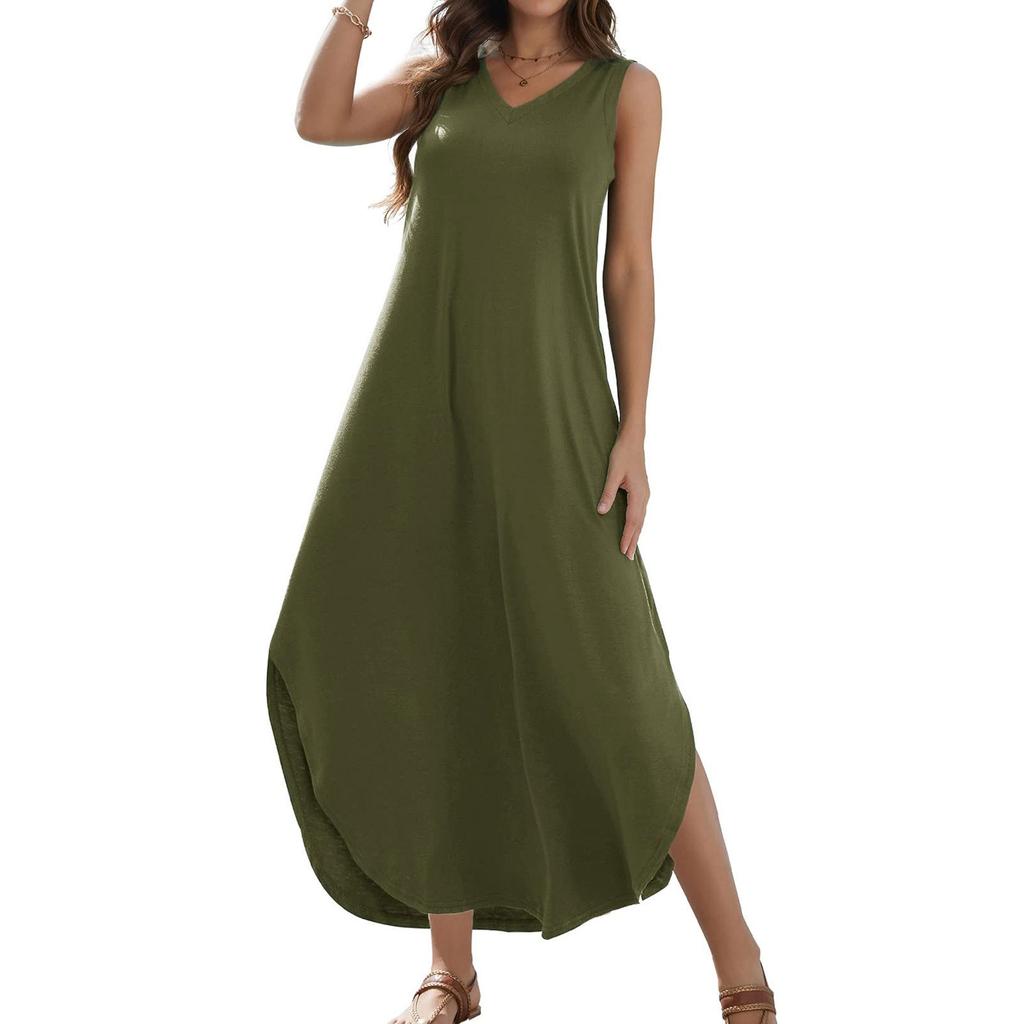 Women's 2024 Summer Casual Loose Sundress Long Dress Solid Color Sleeveless V Neck Split Tshirt Maxi Dresses