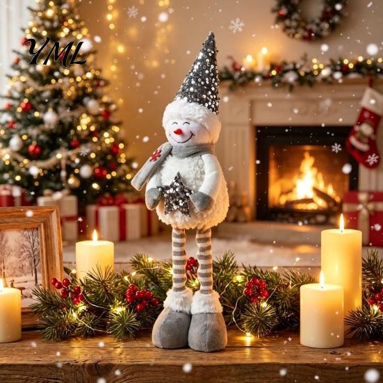 Stuffed Snowman Tabletop Decor Christmas Plush with Extendable Legs, Sequins Hat Holding Star Winter Home Doll, Standing Long Legs Xmas Decoration