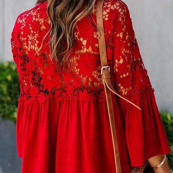 Женская блузка, сплошной цвет, кружевной пуловер, топ с расклешенными рукавами и V-образным вырезом