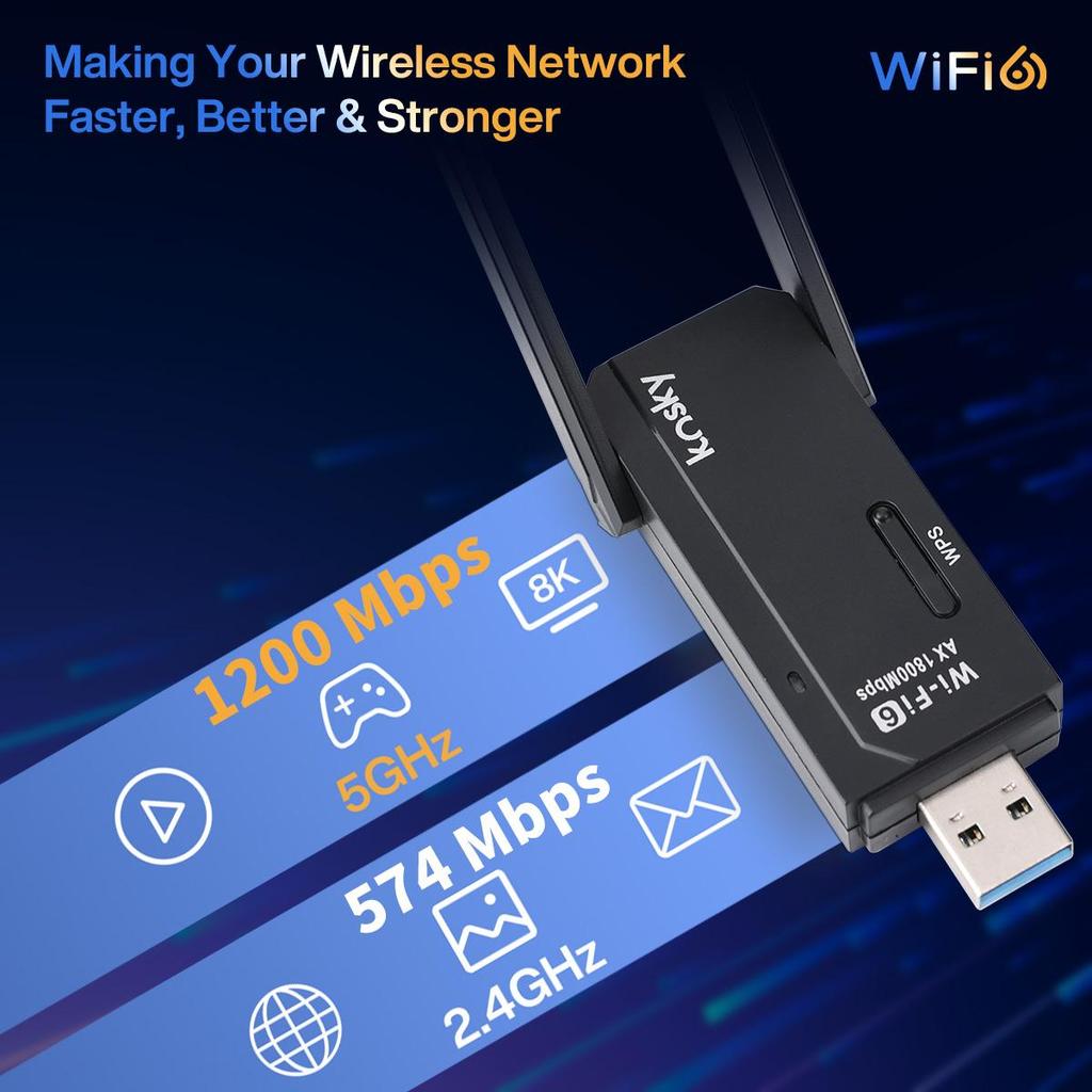 Беспроводной USB Wi-Fi адаптер Kosky WiFi 6 двухдиапазонный 1800 Мбит/с 802.11ax USB3.0 Увеличьте скорость интернета до 600 Мбит/с Беспроводной USB Wi-Fi адаптер