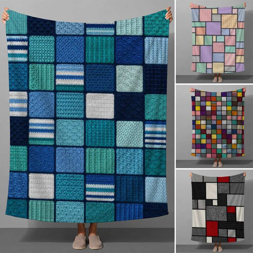 Vintage Geometric Patchwork Plaid Pattern Artwork Throw Soft Flannel Throw Blanket for Couch Bed Sofa Warm Cozy All Season