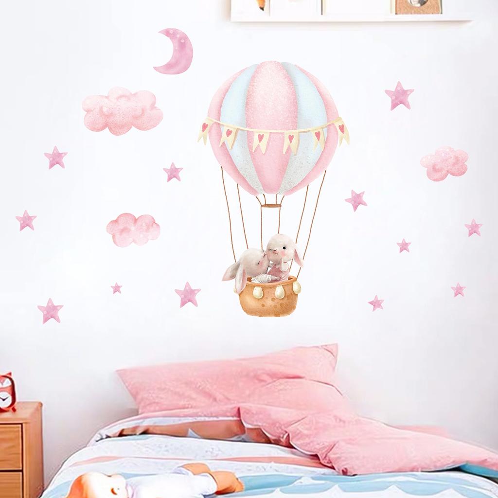 1Pc Cartoon Cute Animals Rabbit Balloon Wall Sticker Decoration for Bedroom Girls Gift Wall Art Home Decor Living Room Kids Room