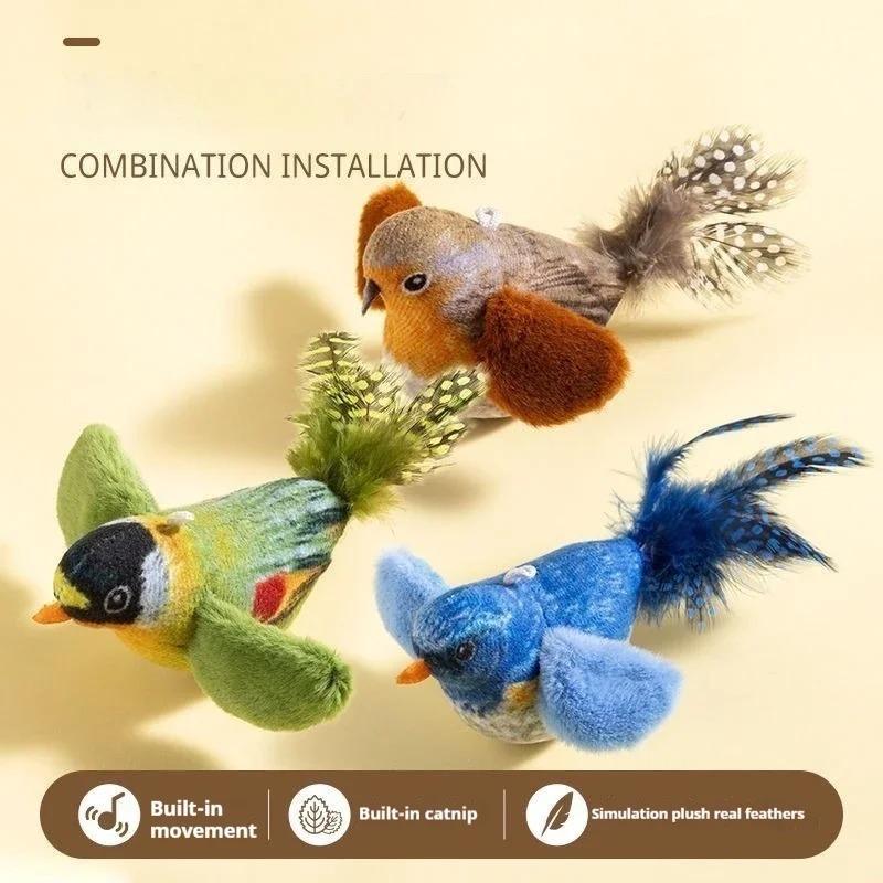 Chirping Bird Cat Toy Interactive Flapping Wings Plush Bird Toy, Elastic Rope To Relieve Boredom and Resist Scratching and Biting