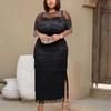 Women Black Tassel Long Dress Patchwork Mesh See Through Party Event Tight Bodycon Prom Dresses Plus Size