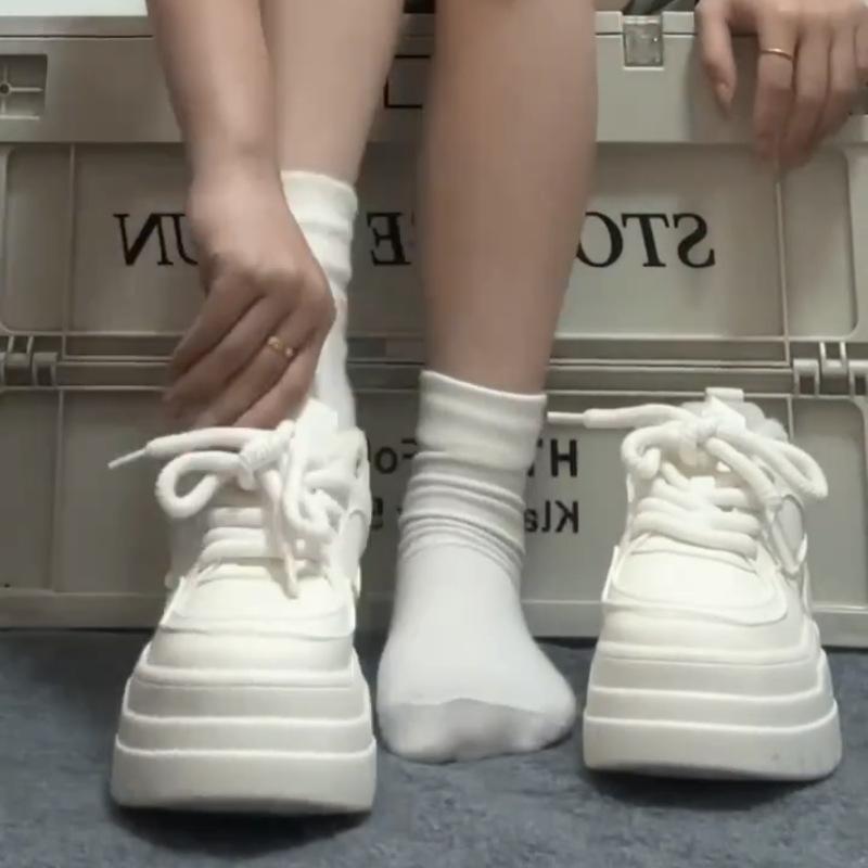 White Sneakers Women's Spring and Autumn Muffin Thick-soled White Shoes Round Head Lace-up Breadboard Shoes Heightening Casual Shoes Children
