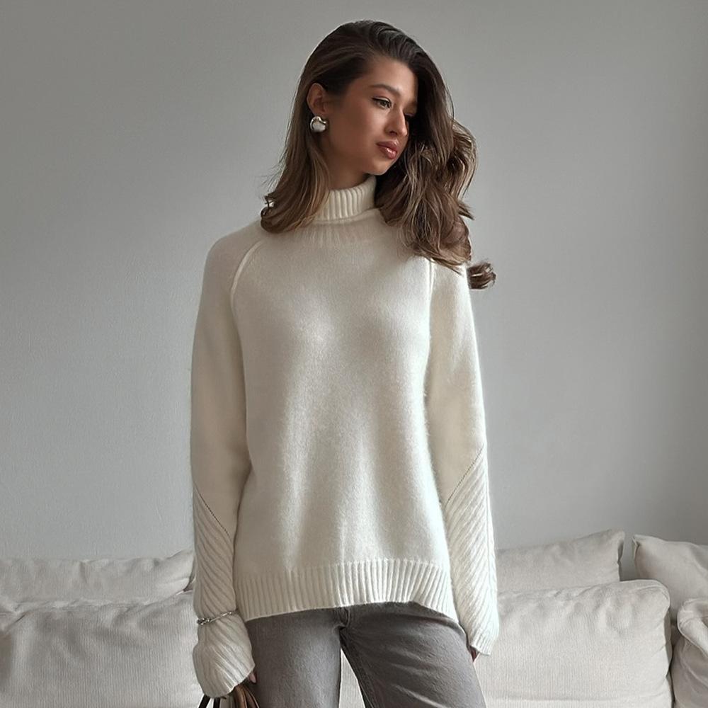 High Neck Pullover Sweater Autumn Winter White Knitwear Loose Casual Knit Sweater for Women Luxurious Relaxed-fit Slimming and Versatile Top