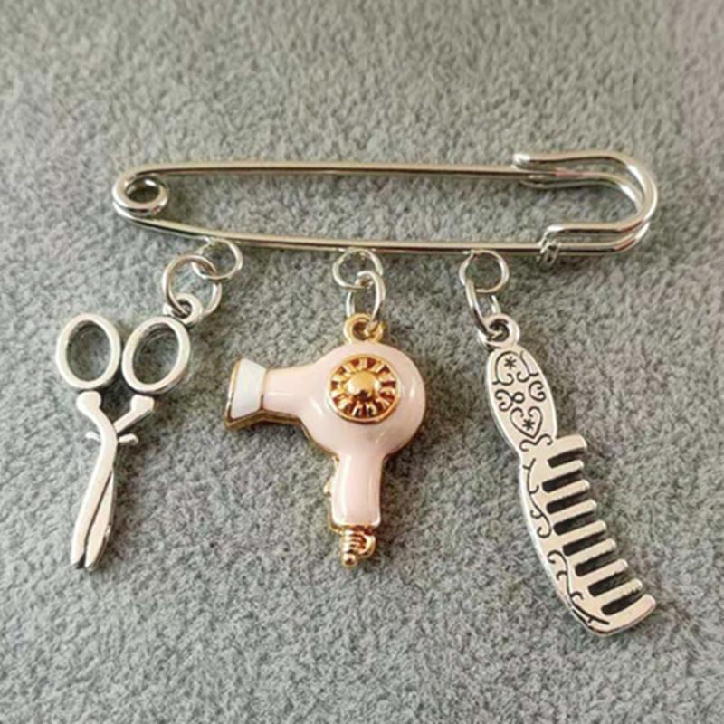 New Creative Fashion Designer Brooch Jewelry Hairdressing Scissors Comb Hair Dryer Pendant Brooch Gifts