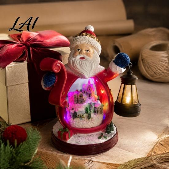 Christmas Santa Decor Figurine with LED Light Glowing Claus Resin Winter Statue Snow Landscape Desktop Decoration for Party Favors Lighted Figurines
