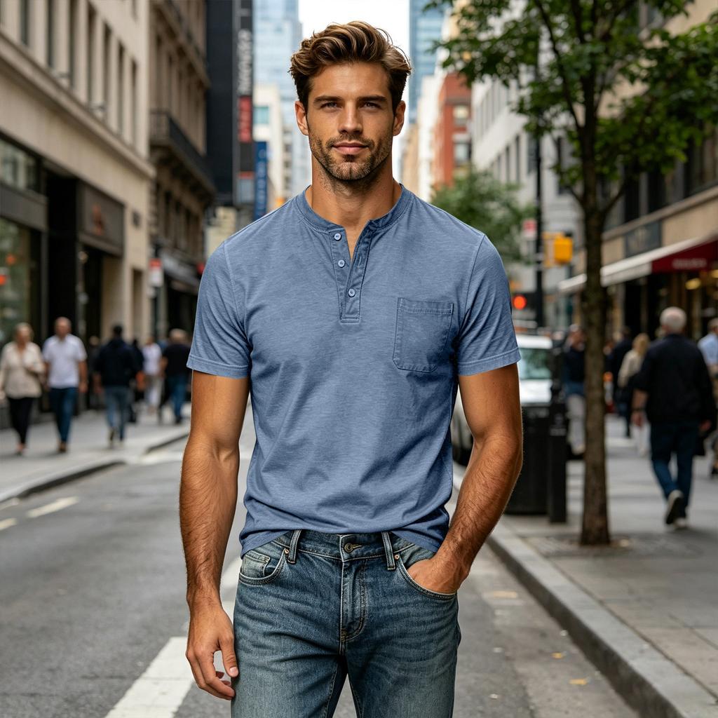 Мужская хлопковая футболка-henley с коротким рукавом, большой размер, повседневная, с карманом, легкая, дышащая, летний топ