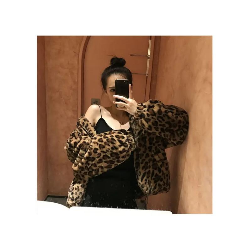 Зимняя куртка с леопардовым принтом, женская теплая парка с воротником-стойкой, верхняя одежда 2024 года, новые осенне-зимние корейские женские свободные пальто из искусственного меха