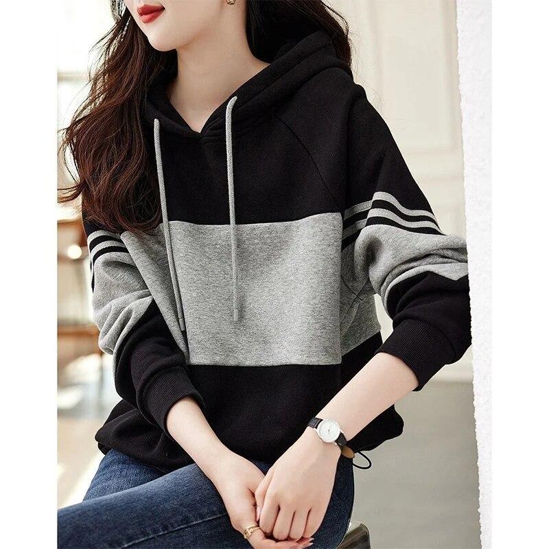 Autumn Winter Loose Casual Patchwork Hoodies Ladies Simple Fashion All-match Pullover Women Hooded Sweatshirt Female Clothes