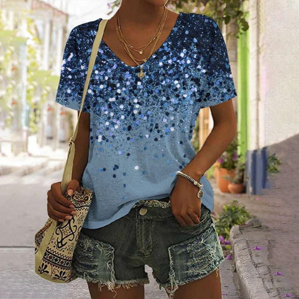 Новая летняя дышащая футболка с 3D золотым блестящим принтом и пайетками, рубашка с V-образным вырезом, женские уличные роскошные свободные топы с коротким рукавом
