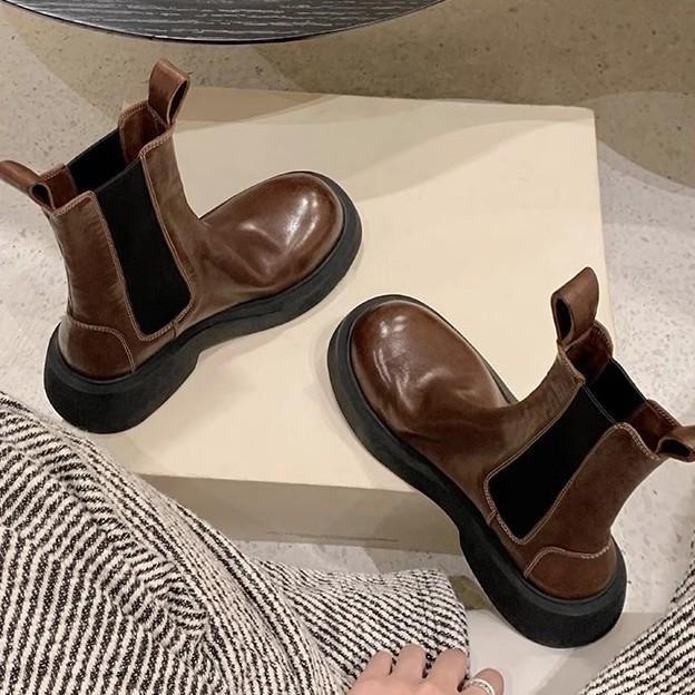 Виноградная Мама Западные Челси Сигаретные Ботинки Женские Ретро Потертые Средней Длины Эластичные Ботинки Маленькие Толстоподошвенные Ботинки на Высокой Платформе