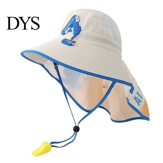 Kids Foldable Camping Hat Summer Sun for Boys Girls, Breathable Mesh Wide Brim Cap with Neck Accessories Flap, Adjustable Strap & Whistle, UV