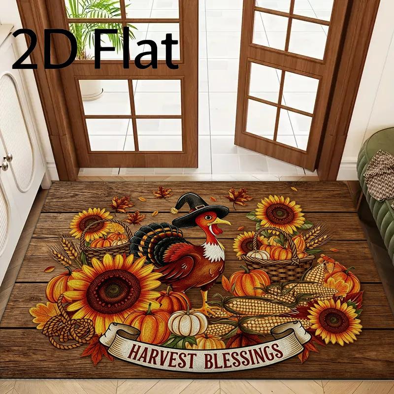 1pc Thanksgiving Harvest Theme Welcome Door Mat, 2D Flat Retro Wood Grain Bathroom Non-Slip Water-Absorbing Floor Mat, Autumn Kitchen Decor Mat, Soft