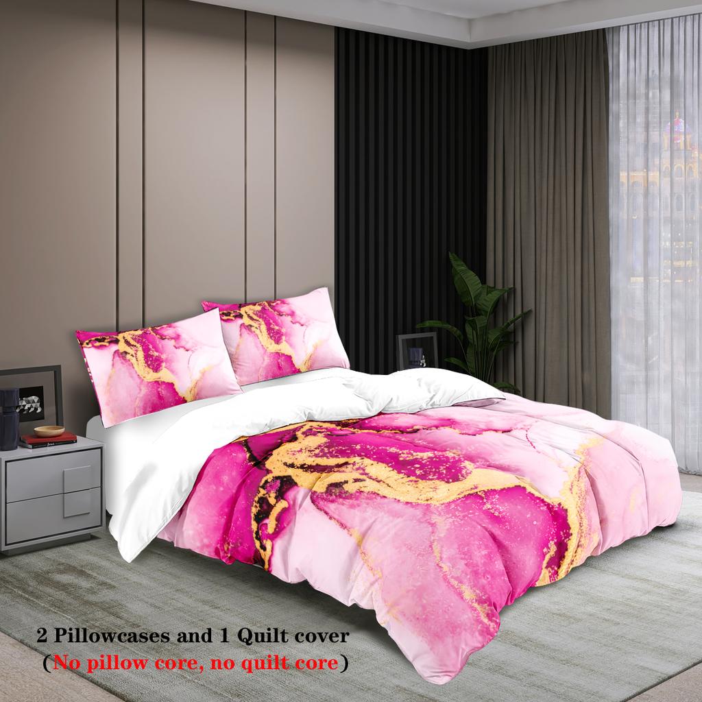 Комплект постельного белья из 3 предметов с принтом под синий и розовый мрамор, 1*пододеяльник+2*наволочки, для двуспальной, королевской, двуспальной спальни