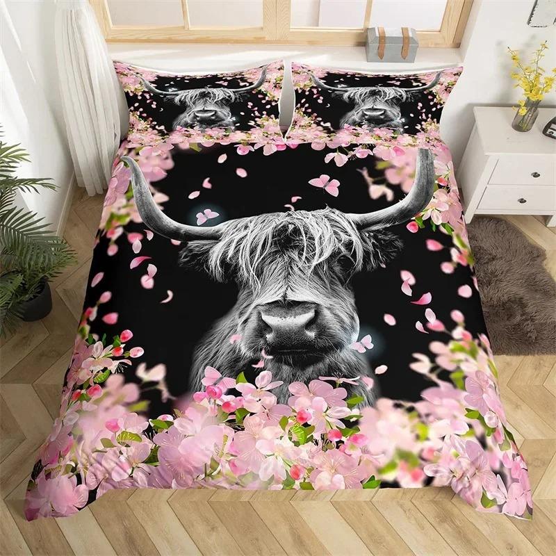 Пододеяльник с изображением коровы Хайленд, King Queen, вестерн, фермерское животное, комплект постельного белья из микрофибры с изображением быка и крупного рогатого скота с цветочным рисунком для детей и подростков