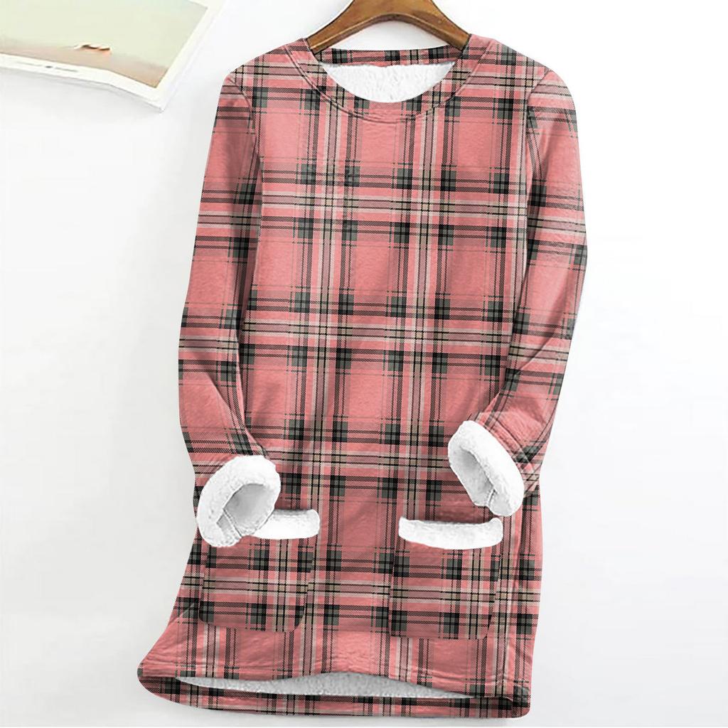 Women's Fashion Plaid Print Round Neck Long Sleeve Plush Winter Warm Pullover Top