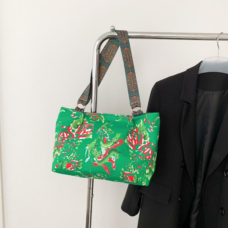 Northeast Big Flower 2024 Spring Literary and Artistic Fan Ethnic Style Printing Fashion Trendy with Large Capacity Tote Shoulder Women's Nylon Cloth