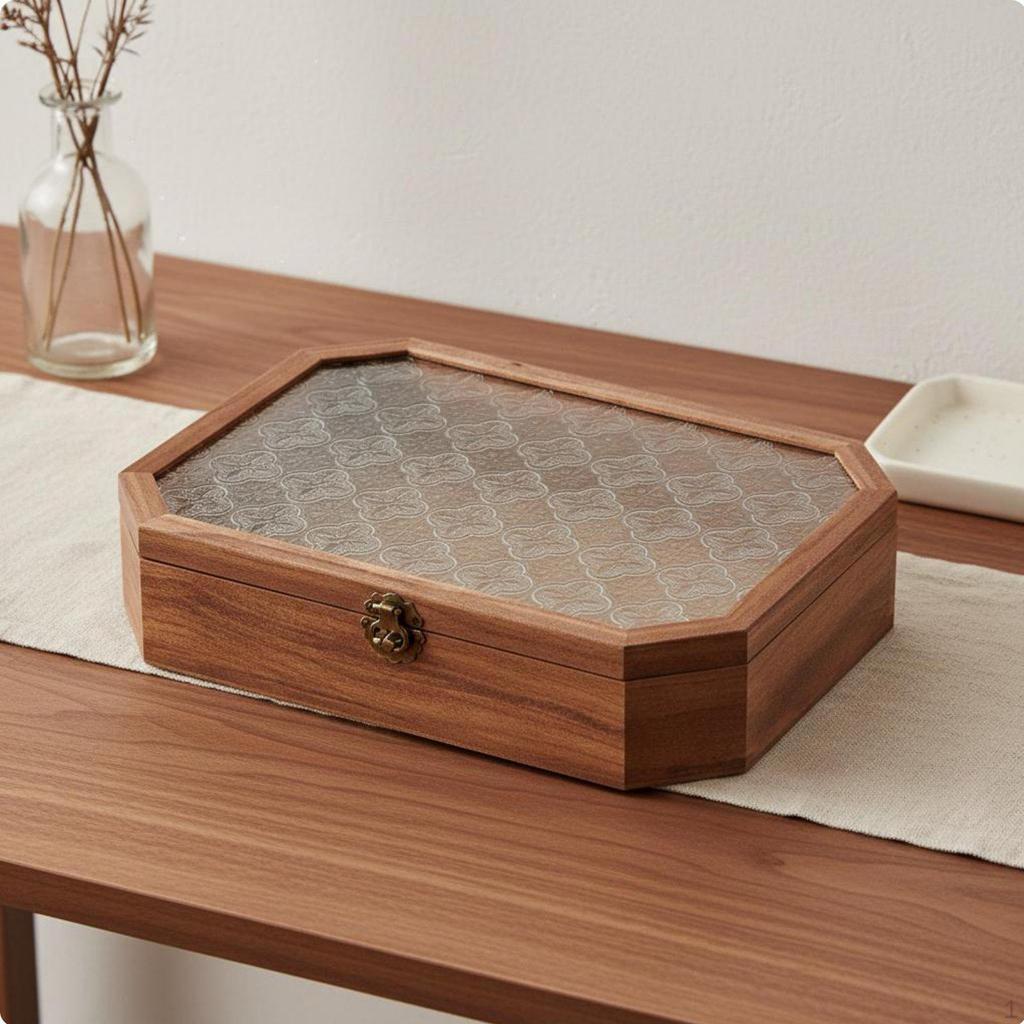 Glass Top Wooden Box Dustproof Retro Cosmetic Organizer Lidded with Clasp Vintage Jewelry