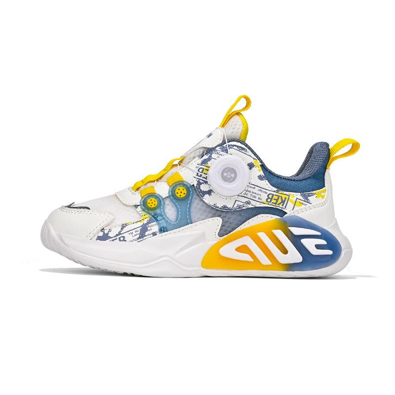 New double mesh ice silk breathable classmate fashion sports shoes medium and older children's casual rotating button cushioning basketball shoes